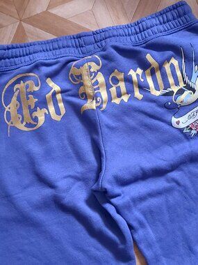Vintage Ed Hardy Panther Rose Wide Pants Gold Logo Lavender Blue Tattoo Bird